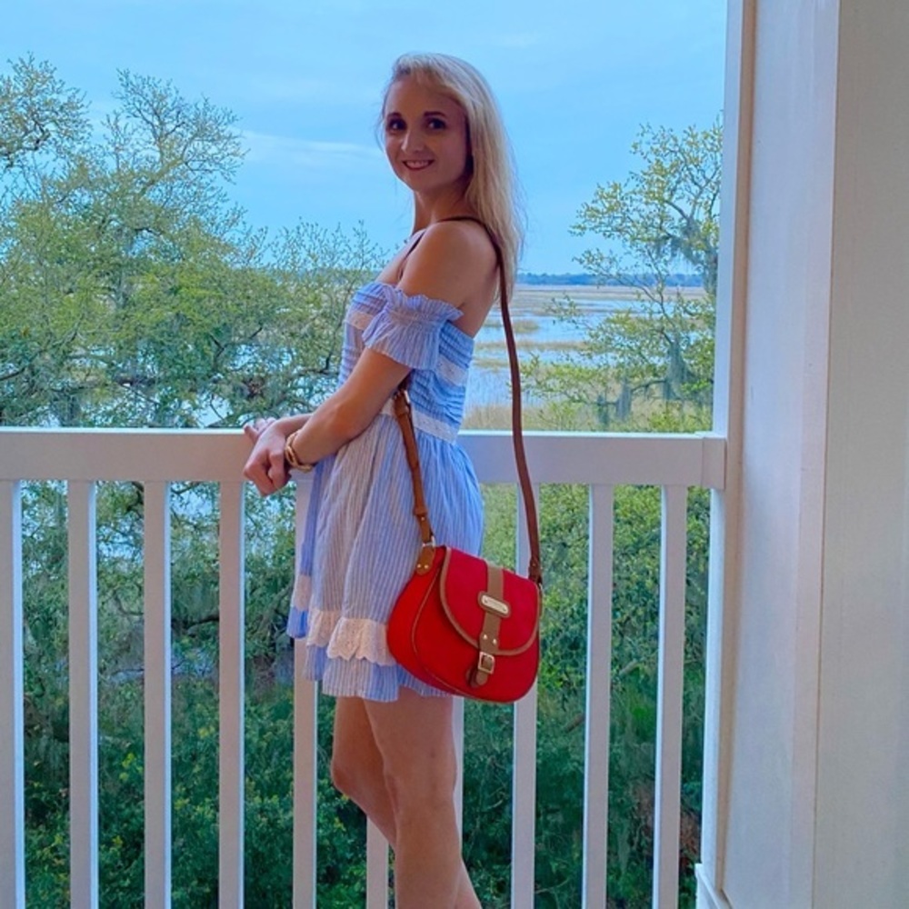 House of Harlow 1960 Adeline Off Shoulder Dress Blue Stripe Seersucker - Picture 4 of 10